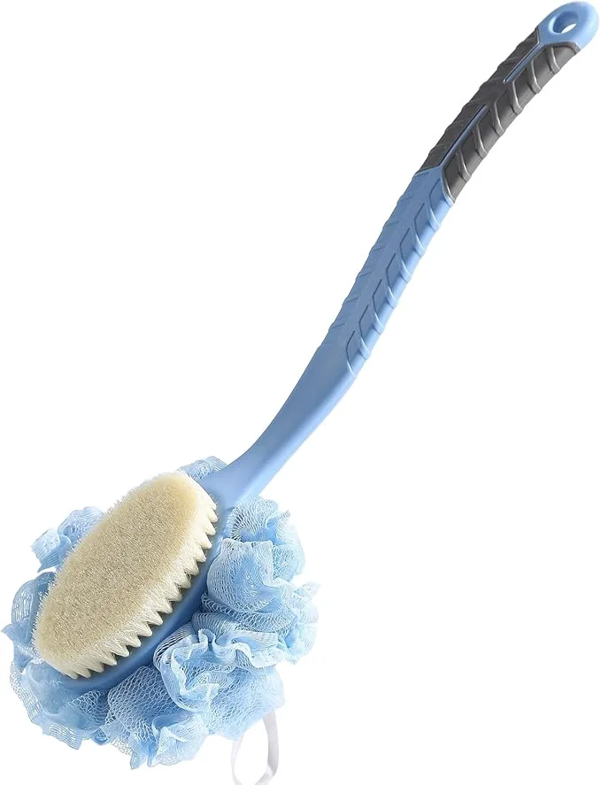 Optimized Shower Body Brush with Bristles and Loofah Back Scrubber Bath Mesh Sponge with Contemporary