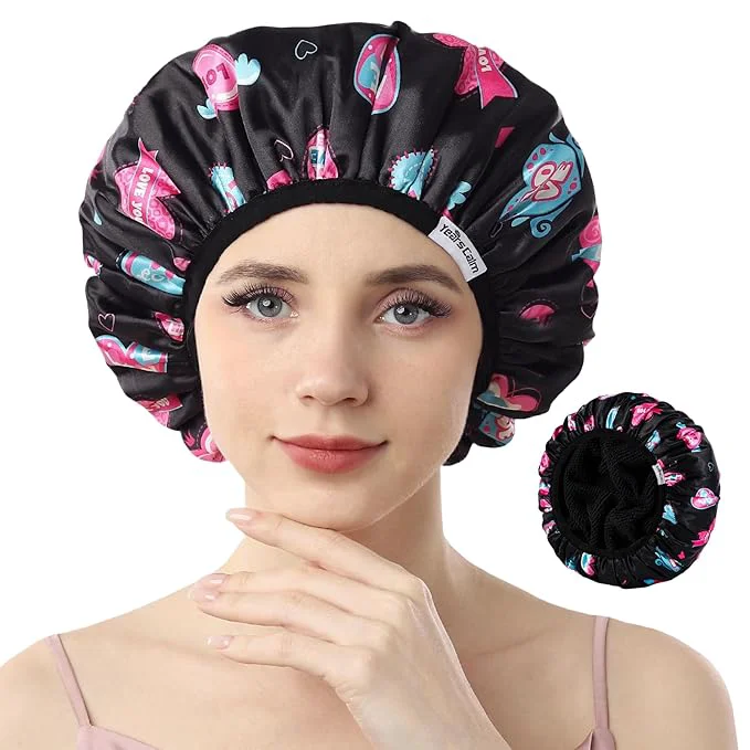 Solid Years calm Terry Lined Shower Cap Triple Layer Heart Motifs Waterproof Outstanding