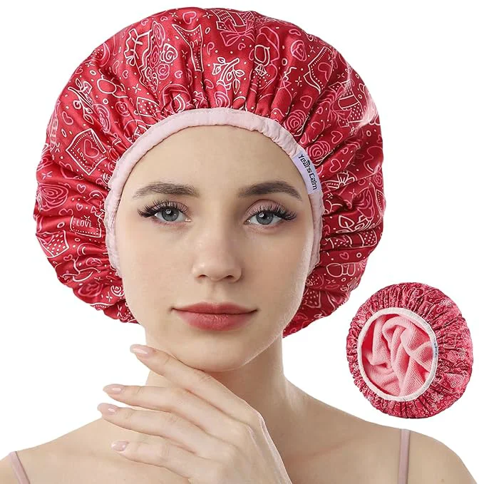 Pure Years calm Terry Lined Shower Cap Triple Layer Heart Motifs Waterproof Modern