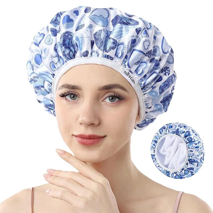 Proven Years calm Terry Lined Shower Cap Triple Layer Heart Motifs Waterproof Smart