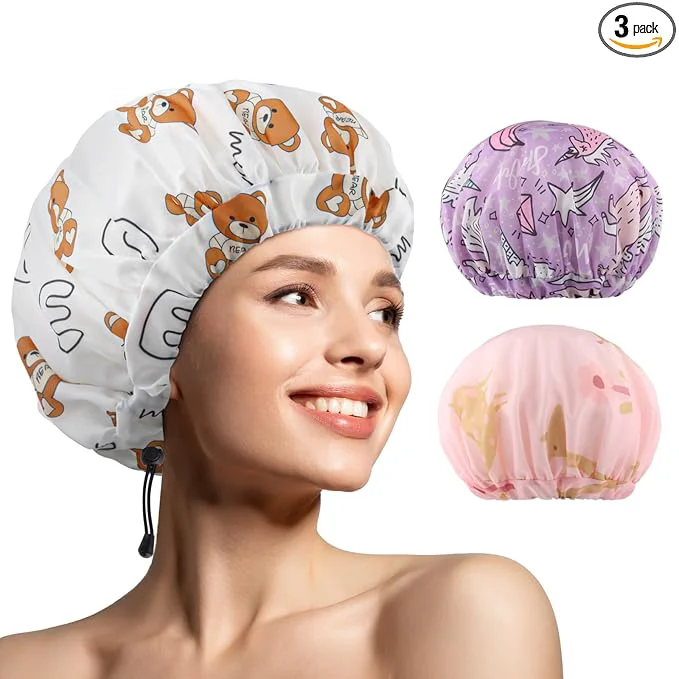 Official 3 PCS Shower Caps for Women Upgrade Comfortable Extra Large Double Layers Fine Crafted