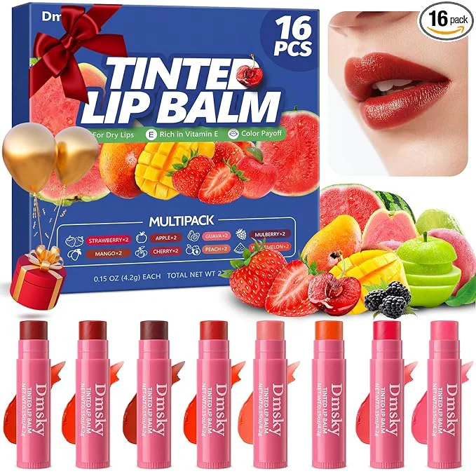 High-End Dmsky 16 Pack Fruity Tinted Lip Balm Bulk 3-In-1 Moisture Repair and Color Recyclable