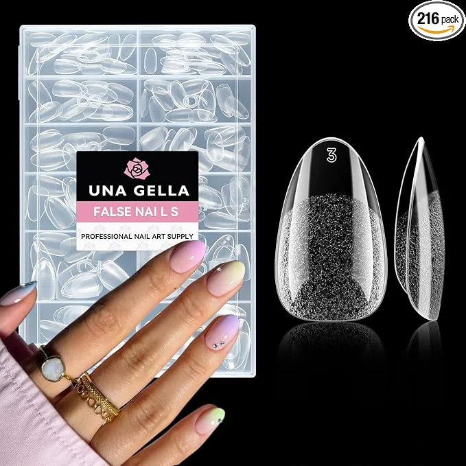 Enhanced UNA GELLA Short Almond Round Fake Nails 216pcs Almond Press on Nails Pre-shape Powerful