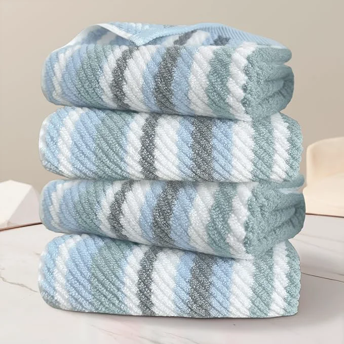 Crafted Cotton Blue Striped Hand Towels Set of 4 16x27 Inches Quick Dry Highly Top-Quality