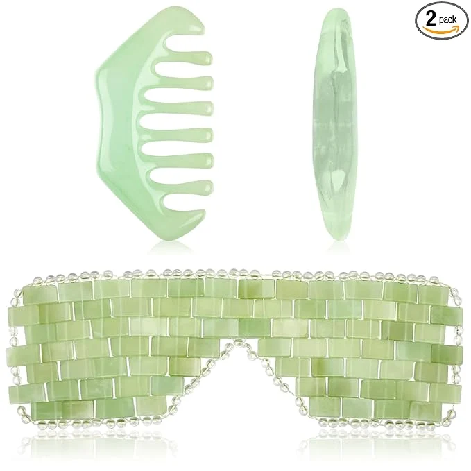 Contemporary Hercicy 2 Pcs Jade Eye Mask and Hair Comb Set Green Jade Stone Eye Mask White Practical