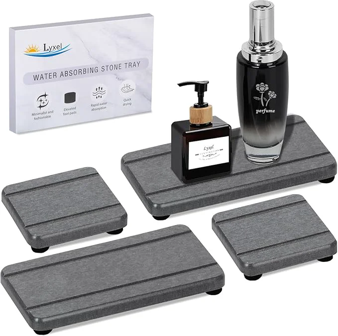 Crafted 4PCS Stone Drying Trays for Bathroom Sink and Kitchen Counter Water Absorbing Practical