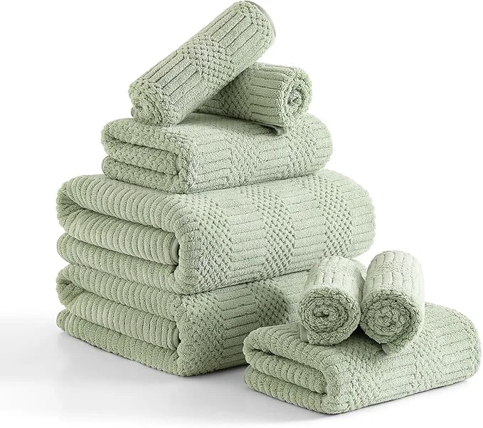 Professional 8 Piece Sage Green Bath Towels Set 2 Oversized Large Bath Sheets 2 Hand Sophisticated