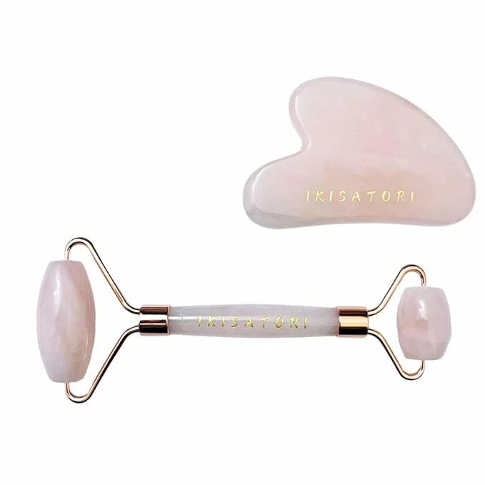 Genuine Rose Quartz Natural Stone Curved Facial Roller Guasha Set Environmentally Friendly