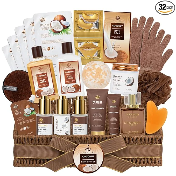 Solid 32 Pcs Mother's Day Gift for Mom Coconut Vanilla Spa Gift Basket Set for Women Top-Quality