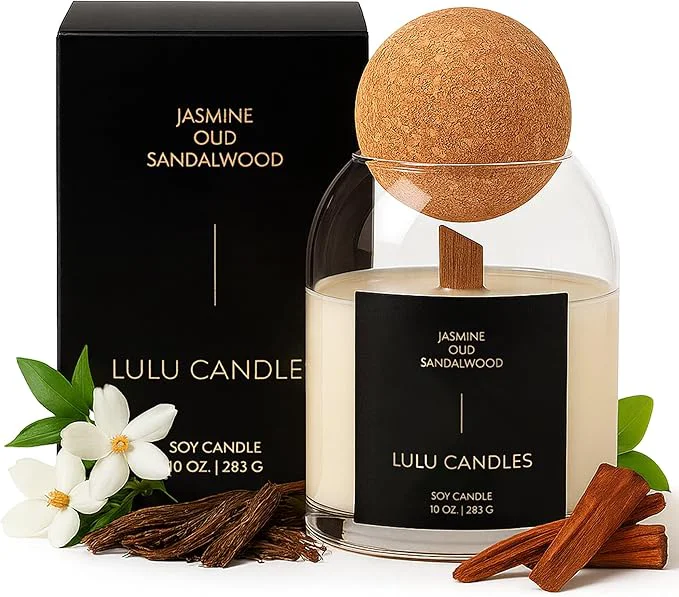Pure Lulu Candles Jasmine Oud Sandalwood Luxury Scented Soy Jar Candle Hand Detailed