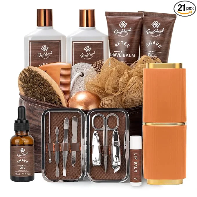 Contemporary 21 Pcs Sandalwood Bath Body Care Gift Basket Set Stylish