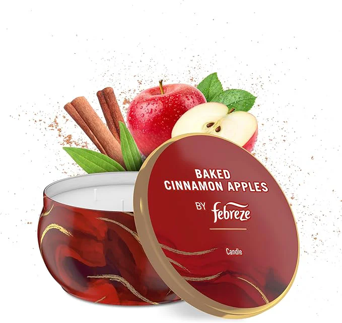 Organic Febreze Scented Candle Baked Cinnamon Apples Scent 4 Wick Candle Reusable Tin Responsible