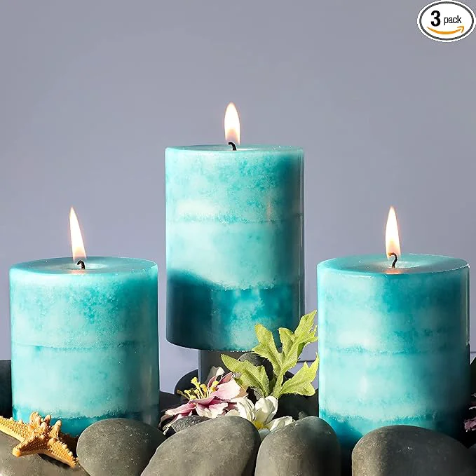 Trendy Pillar Candles Ocean Breeze Scented 3x4 inch Aqua Green Candle Clean Burning Next-Generation