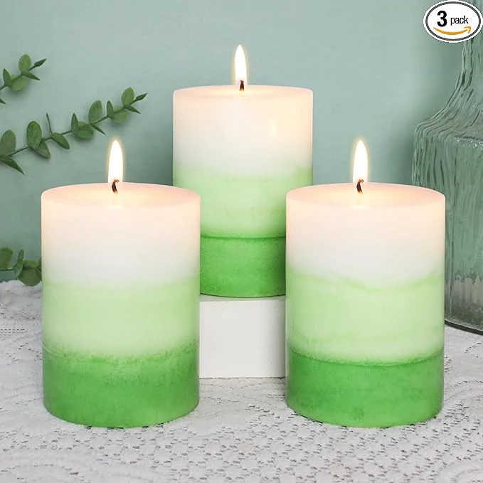 Smart Pillar Candles 3x4 Inch Eucalyptus Scented Hand-Poured Layered Green Gradient Exceptional