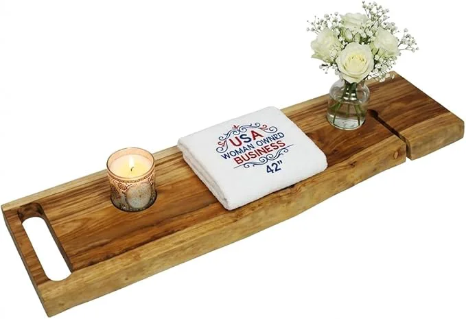 Lightweight EcoDecors Eleganto 42 Live Edge Solid Teak Bath Caddy Tray Advanced