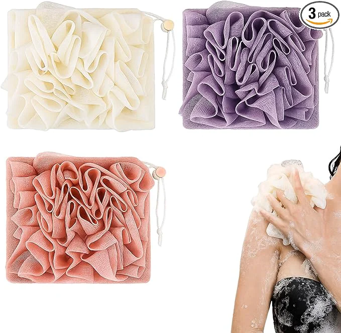 High-Grade 3 Pcs Washcloth Loofah Combo 2 in 1 Bath Loofah Sponge Fine