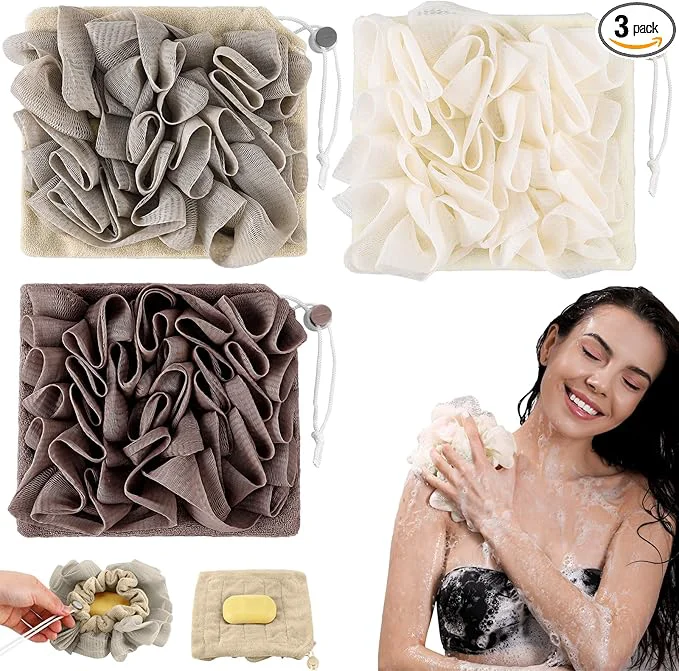 High-Performance 3 Pcs Washcloth Loofah Combo 2 in 1 Bath Loofah Sponge Carefully Designed