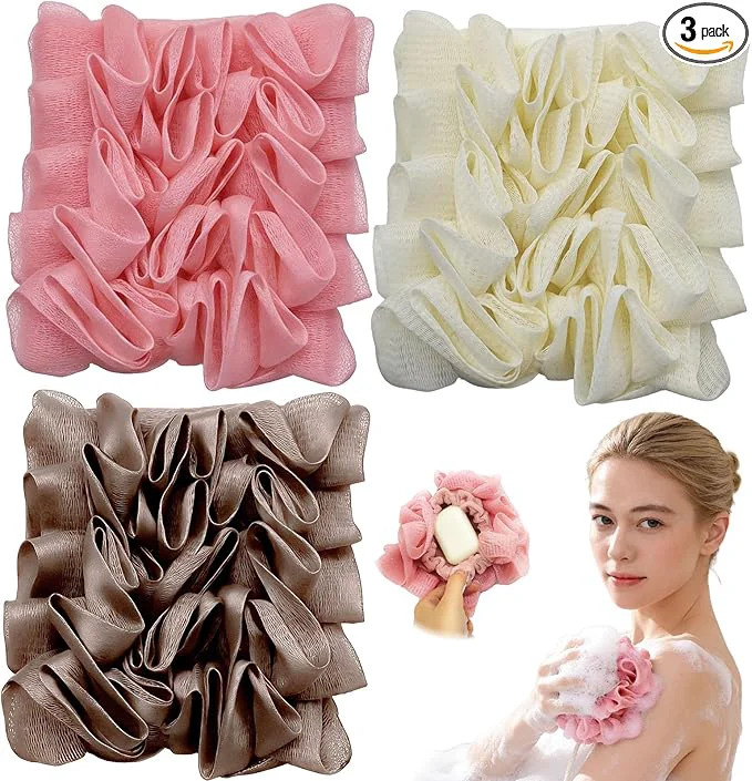 Certified 3-Pack Loofah Washcloth Combo 2-in-1 Exfoliating Soap Saver Pouch Original Design