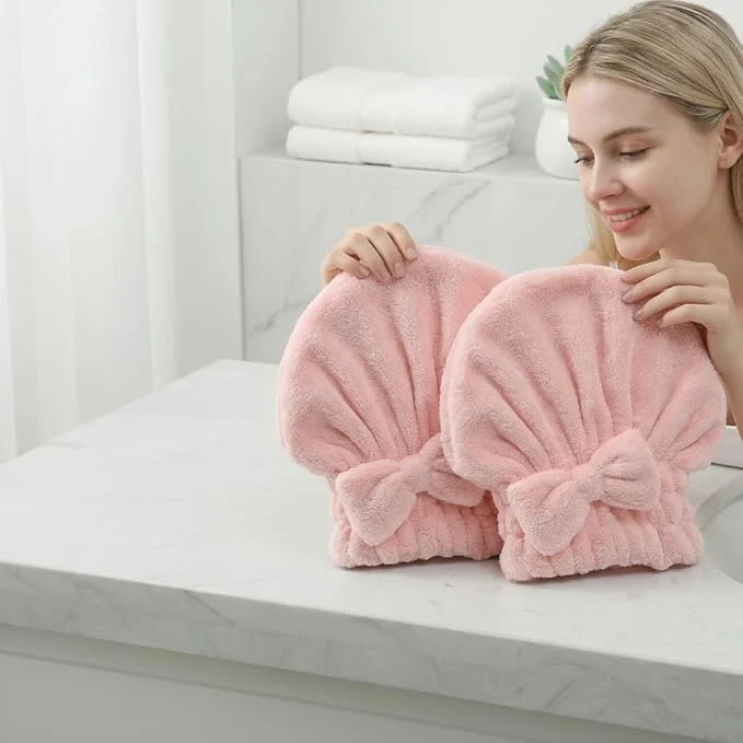 Safe Cute Bow Microfiber Hair Towel for Girls Quick Drying Hair Turban for Women Solid