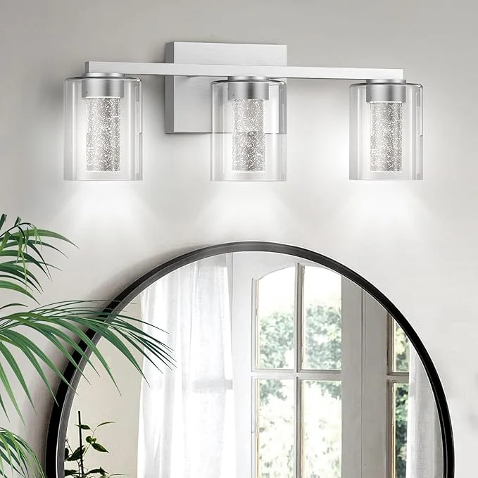 Efficient LED Modern Bathroom Light Fixtures Over Mirror 3-Light Brushed Nickel Vanity Smooth