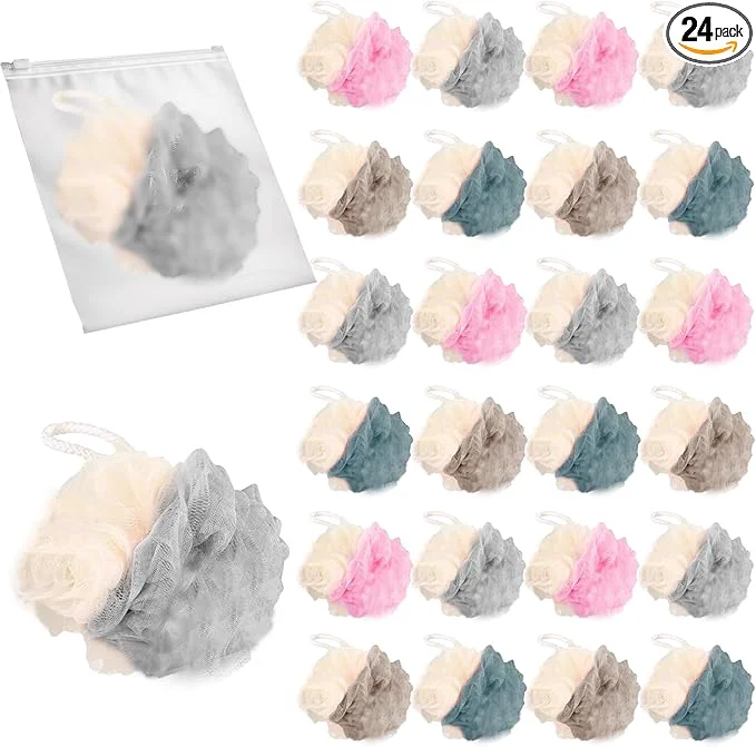 Classic 24 Pack Travel Loofah Individually Wrapped Small Loofah Shower Pouf 4 inch Eco-Friendly