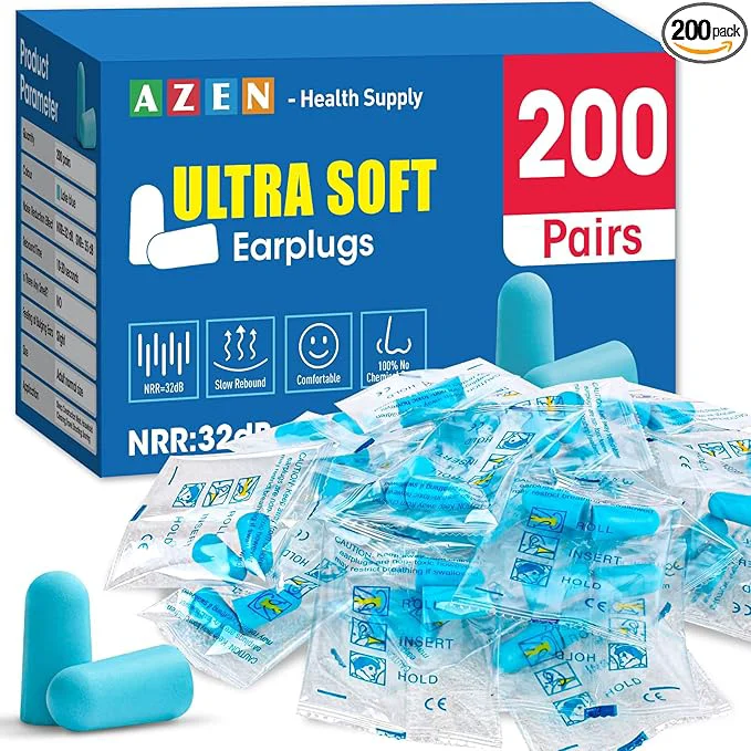 Recyclable AZEN 200 Pairs Ear Plugs NRR 32dB Soft Foam Ear Plugs Safe