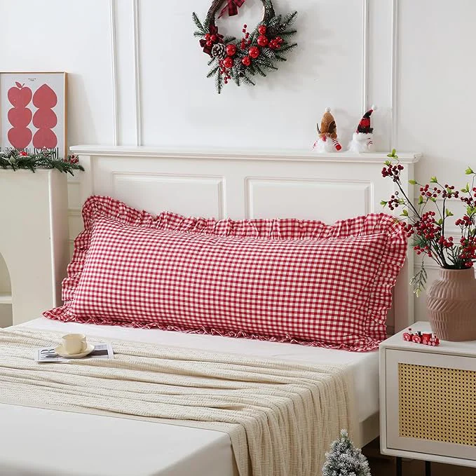 Genuine 20x54 inches Red White Gingham Body Pillow Sham 1 Piece Cotton Ruffled Easy-to-Use
