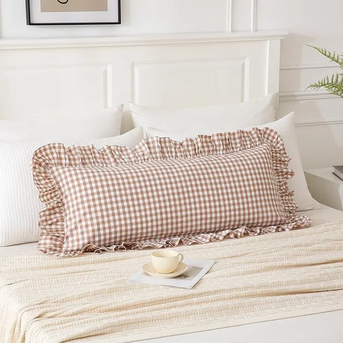 Lightweight 14x36 inches Taupe Plaid Ruffle Gingham Lumbar Throw Pillow Cover Pure Cotton Versatile