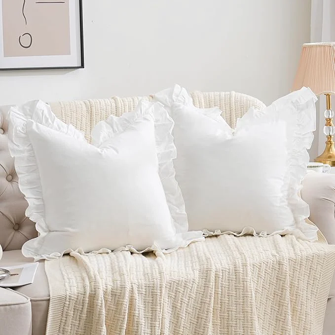 High-Performance 2 Pack Ruffle Throw Pillow Covers Farmhouse Off White Shabby Washed Cotton Recyclable
