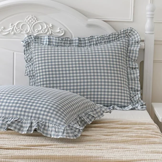 Versatile 2 Pack Blue White Plaid Gingham Ruffle Pillow Shams Standard Size 20x26 inches User-Friendly