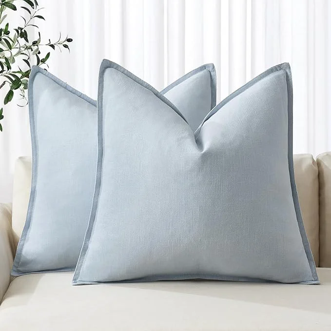 Exclusive MIULEE Decorative Linen Euro Sham Pillow Covers 22x22 Inch Light Blue Boho Authentic