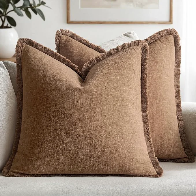 Authentic MIULEE Decorative Throw Pillow Covers Neutral Linen Fringe Throw Pillows Set of Fine Crafted
