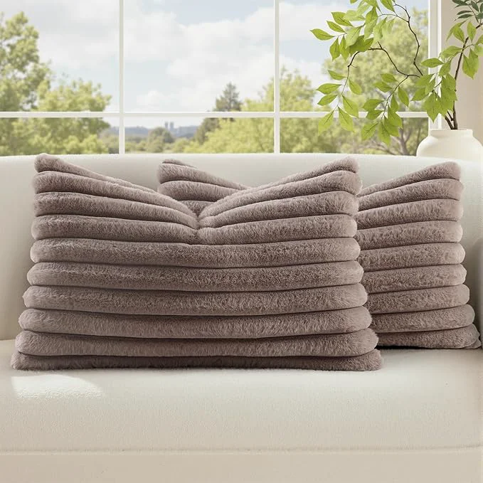 Stylish decorUhome Cozy Faux Fur Throw Pillow Covers 12x20 Set of 2 Decorative Soft Premium
