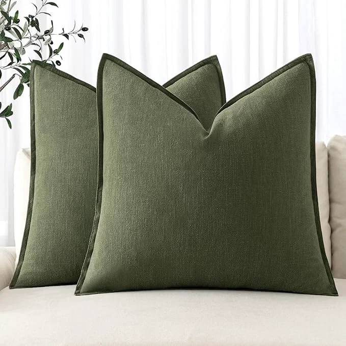 Traditional MIULEE Decorative Linen Euro Sham Pillow Covers 28x28 Inch Dark Olive Green Premium