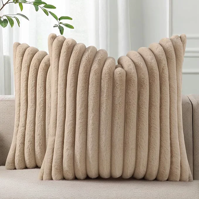 Classic Pallene Faux Fur Plush Throw Pillow Covers 24x24 Set of 2 Luxury Soft Fluffy Traditional