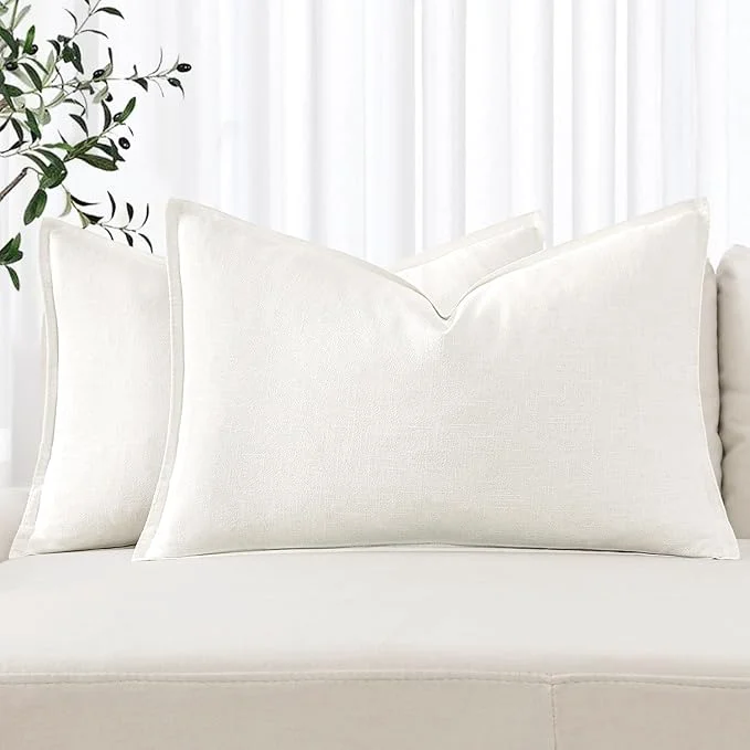 Sustainable MIULEE Decorative Linen Lumbar Pillow Covers 12x20 Inch Cream White Boho Pure