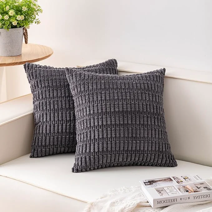 Fine Aegero Pack of 2 Corduroy Decorative Throw Pillow Covers 26x26 InchSoft Striped Elegant