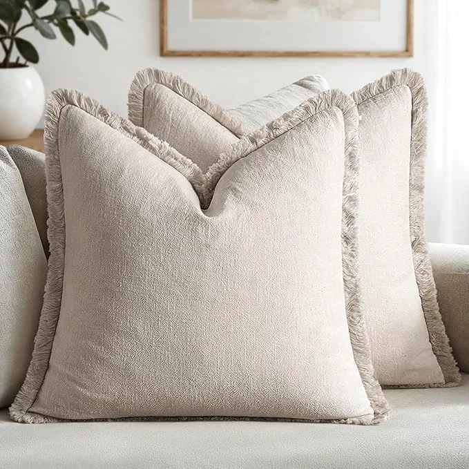 Fine Crafted MIULEE Decorative Throw Pillow Covers Neutral Linen Fringe Throw Pillows Euro Official
