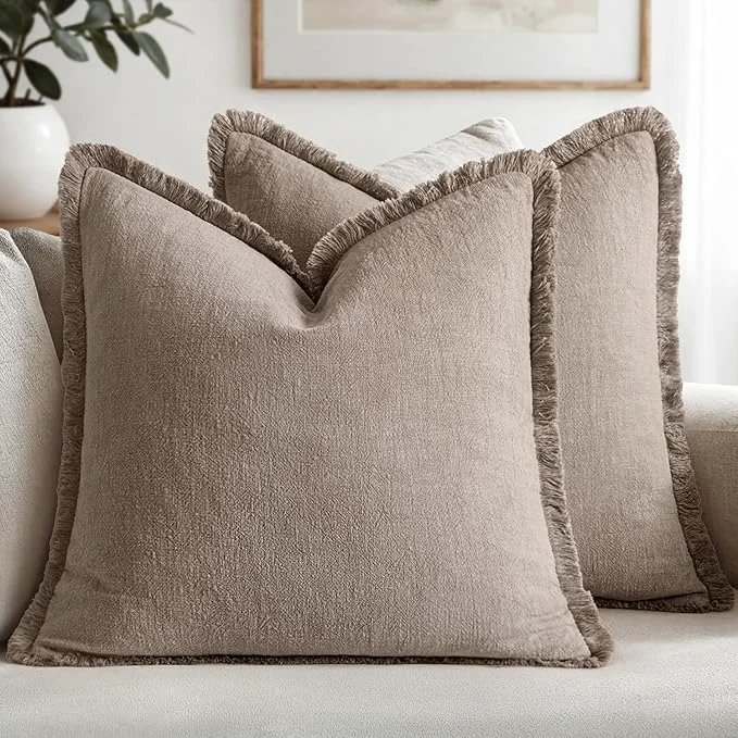 Superior MIULEE Decorative Throw Pillow Covers Neutral Linen Fringe Throw Pillows Set of Sustainable
