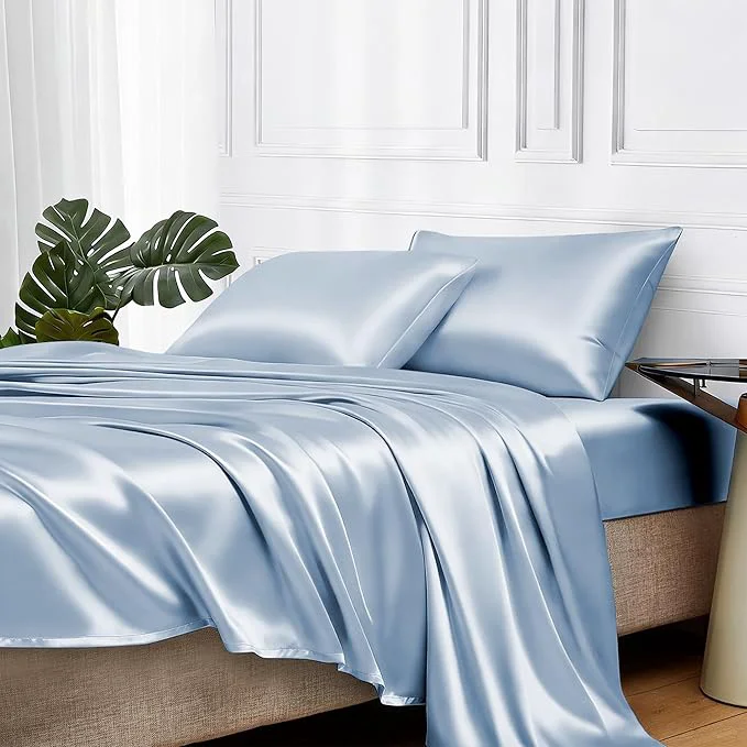 Pure MR HM Satin Bed Sheets with Elastic Corner Straps King Size Sheets Set High-End