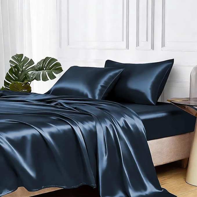 Recyclable MR HM Satin Bed Sheets with Elastic Corner Straps Full Size Sheets Set Reusable