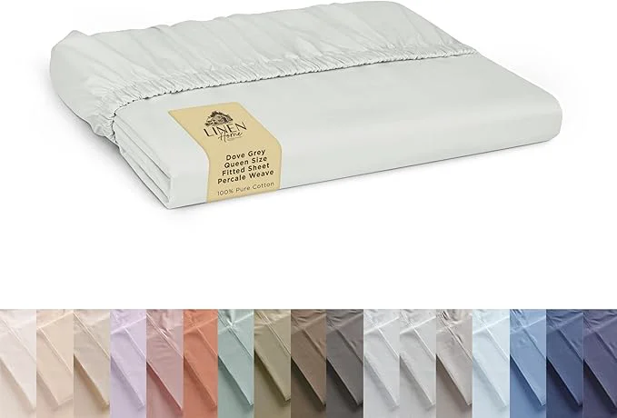 Enhanced Linen Home Cotton Percale Weave Fitted Sheet Queen Size Dove Grey Fine