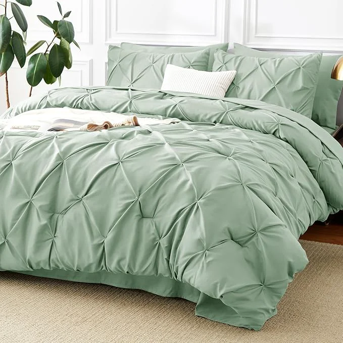 Classic CozyLux Queen Comforter Set Sage Green 7 Pieces Pintuck Bed in A Bag Premium High-Performance