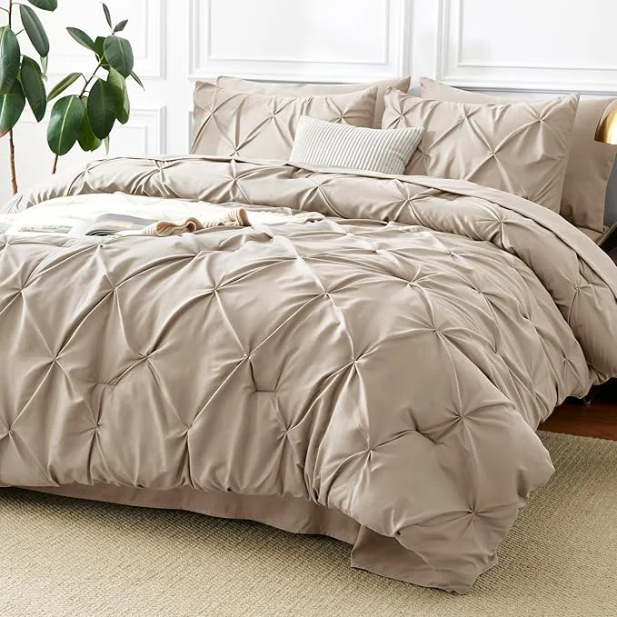 Expertly Made CozyLux Full Size Comforter Sets Wheat 7 Pieces Pintuck Bed in A Bag Wheat Elite