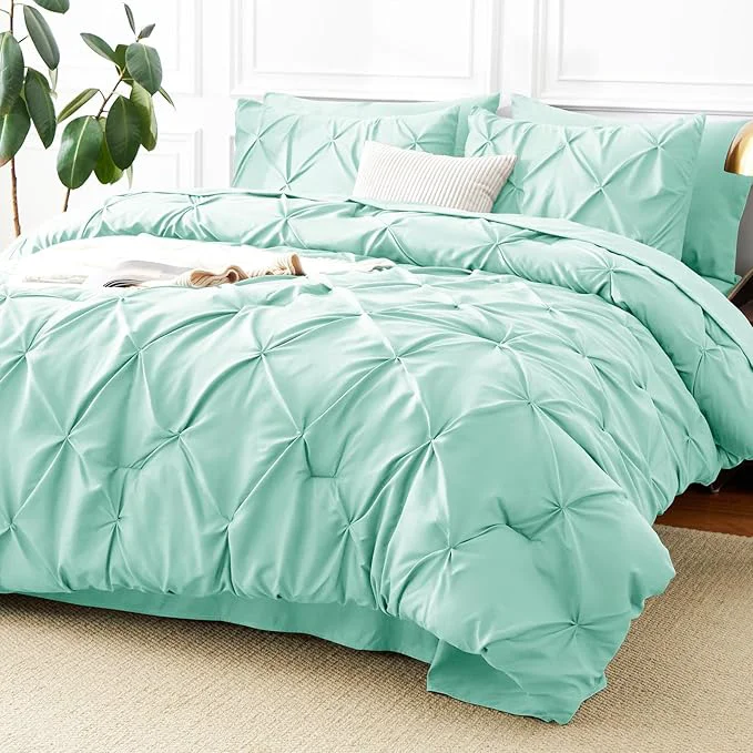 Reusable CozyLux Full Size Comforter Sets Mint Green 7 Pieces Pintuck Bed in A Bag Safe