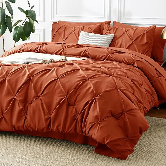 Smart CozyLux Full Size Comforter Sets Burnt Orange 7 Pieces Pintuck Bed in A Bag Enhanced