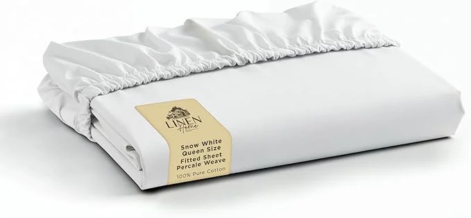 Versatile Linen Home Cotton Percale Weave Fitted Sheet Queen Size Snow White Fashionable