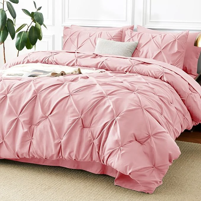 Organic CozyLux King Size Comforter Set Pink 7 Pieces Pintuck Bed in A Bag Pink Advanced