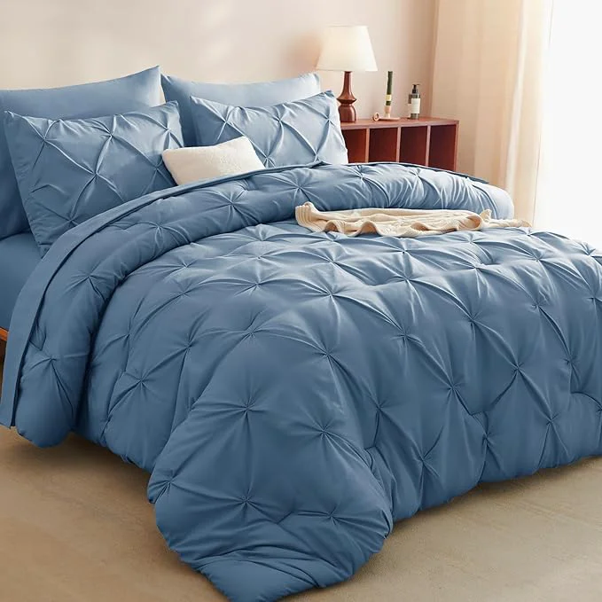 Traditional CozyLux Full Size Comforter Sets Grayish Blue 7 Pieces Pintuck Bed in A Bag High-Grade