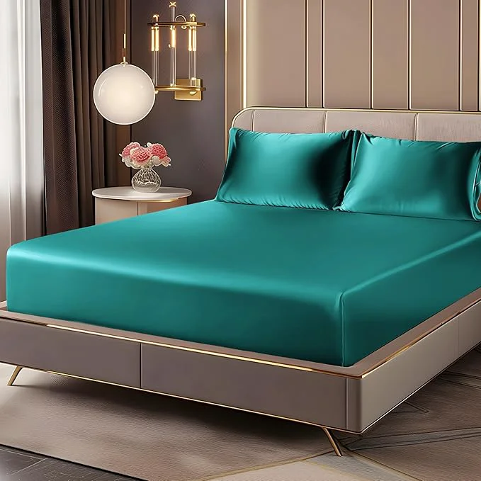 Exclusive BEDELITE Satin Fitted Sheet and Pillowcases Set Luxury Soft Similar to Silk Reliable